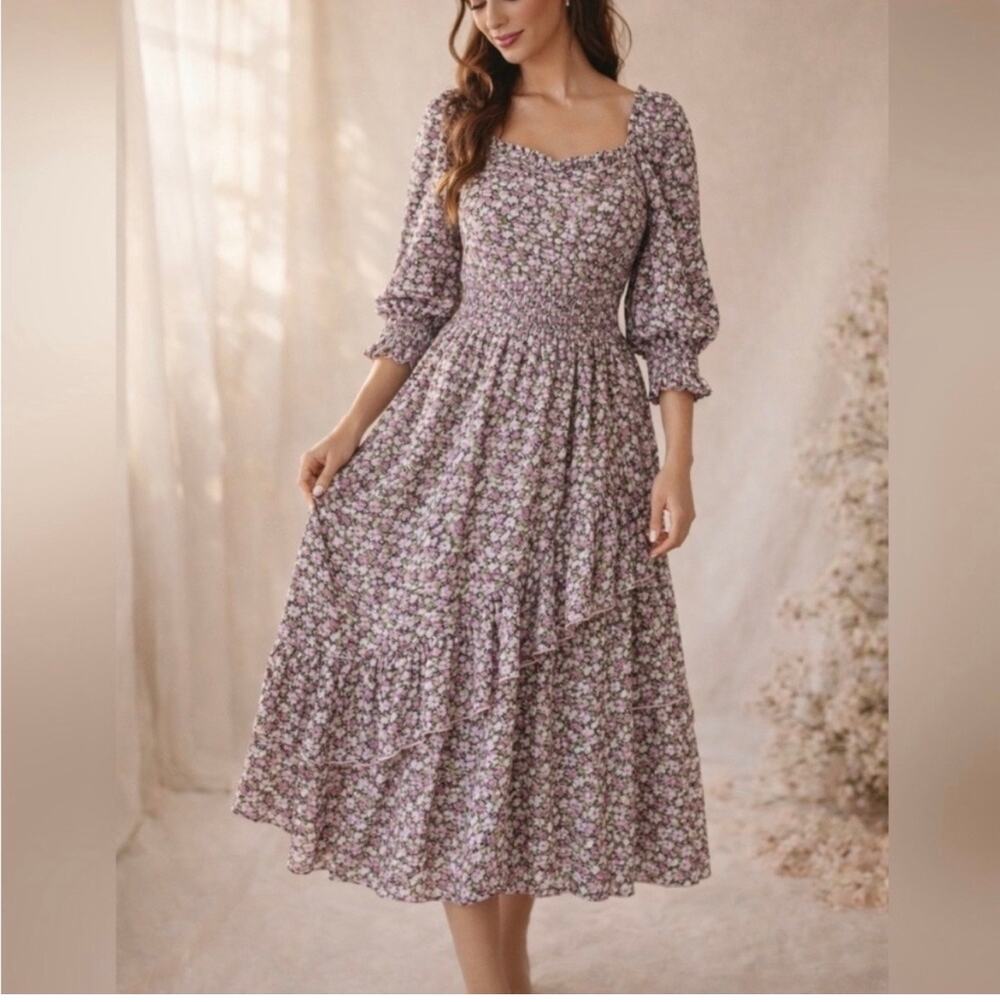 Ivy City Co Olivia 2X Floral Purple Ruffle Smocked Dress Cottagecore Feminine